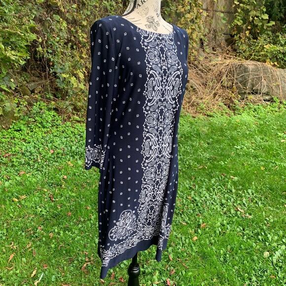 Chaps blue and white bandanna patterned long sleeve knee length dress - Picture 4 of 6